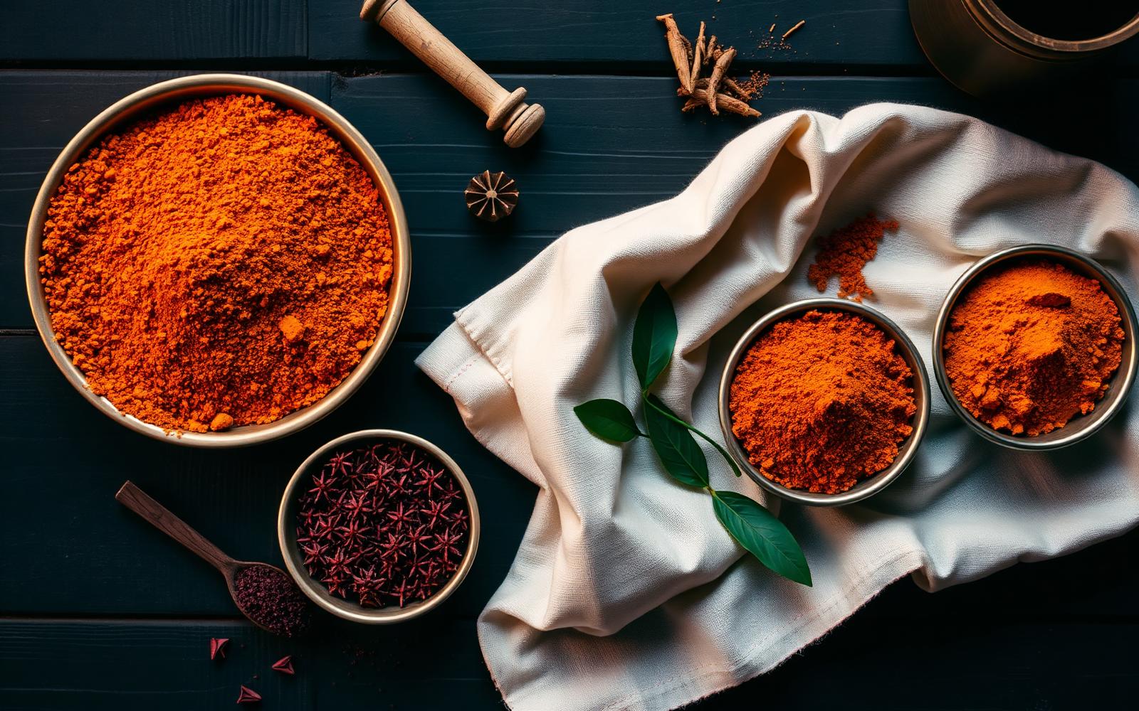 South Indian spice powders in brass bowls
